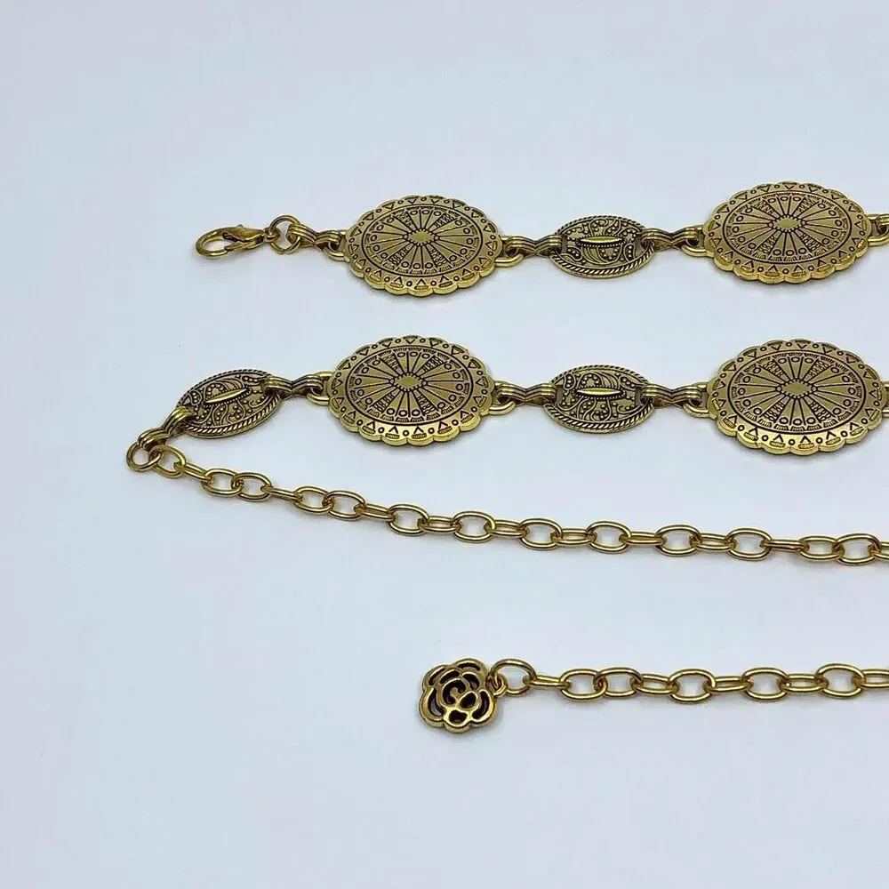 Vintage Y2K Boho Gold Medallion Chain Belt, Fits 22.5–38 Inches, X7GA1199